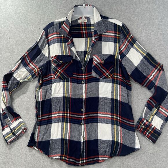 Thread & Supply LARGE Flannel shirt Button Up Blue Red Collared roll tab sleeve - Picture 4 of 14